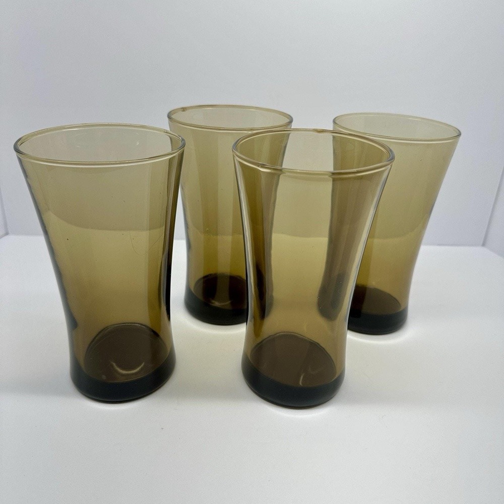 1970s Anchor Hocking "Linden Mocha" Smokey Brown Tumbler Set of 4 17oz Vintage